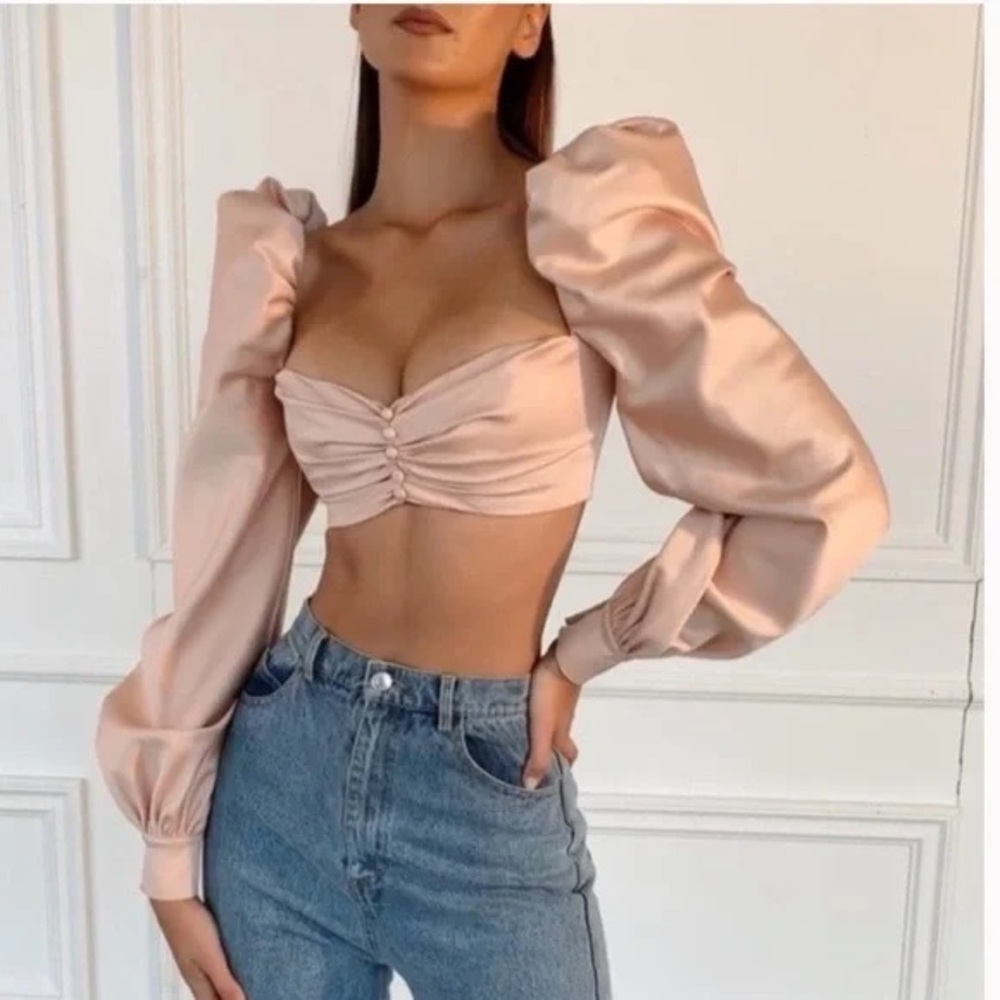 House of CB Jana Top Blush Satin Puff Sleeve Milkmaid Bralette Satin XS